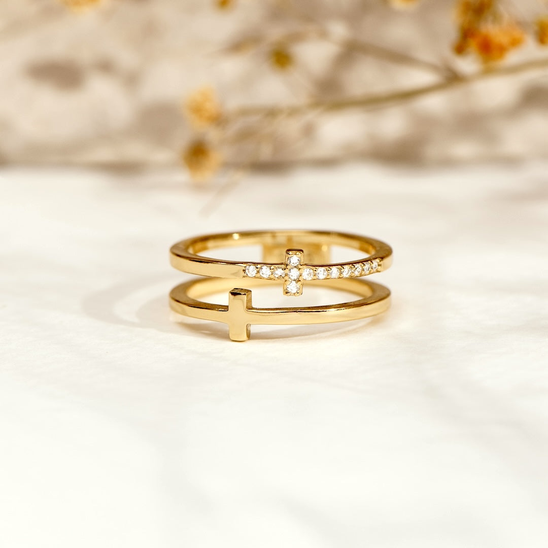 To My Daughter - Gold Twin Band Cross Ring